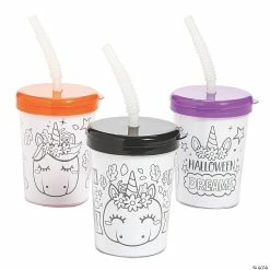 Brand new 😍 Color Your Own 🎃 Halloween Unicorn Pumpkin Cups with Lids & Straws - 12 Ct. 🎉
